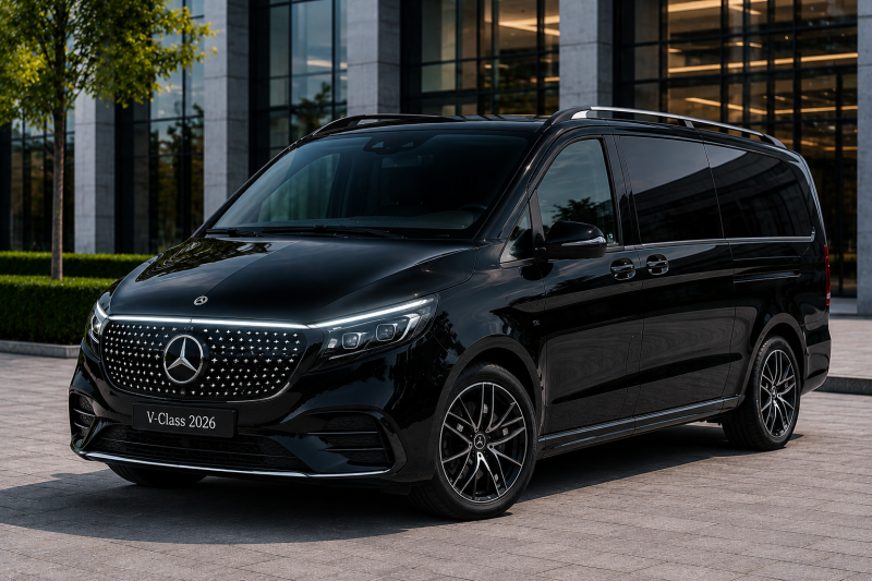 Black Mercedes-Benz V-Class luxury chauffeur van for airport transfers, business travel, and VIP transportation in Switzerland