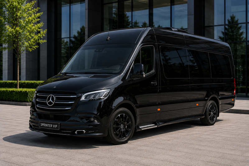 Black Mercedes-Benz Sprinter VIP chauffeur minibus for airport transfers, executive group travel, and luxury transportation in Switzerland