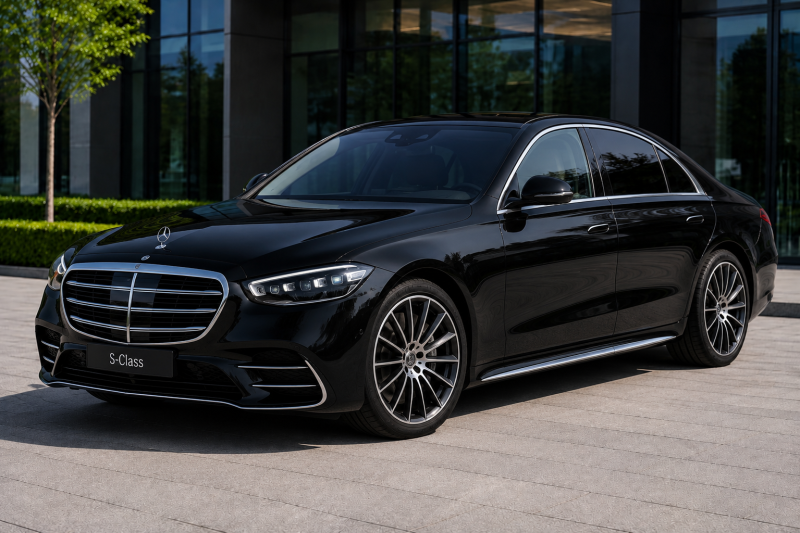 Black Mercedes-Benz S-Class luxury chauffeur vehicle for VIP airport transfers and executive transportation in Switzerland