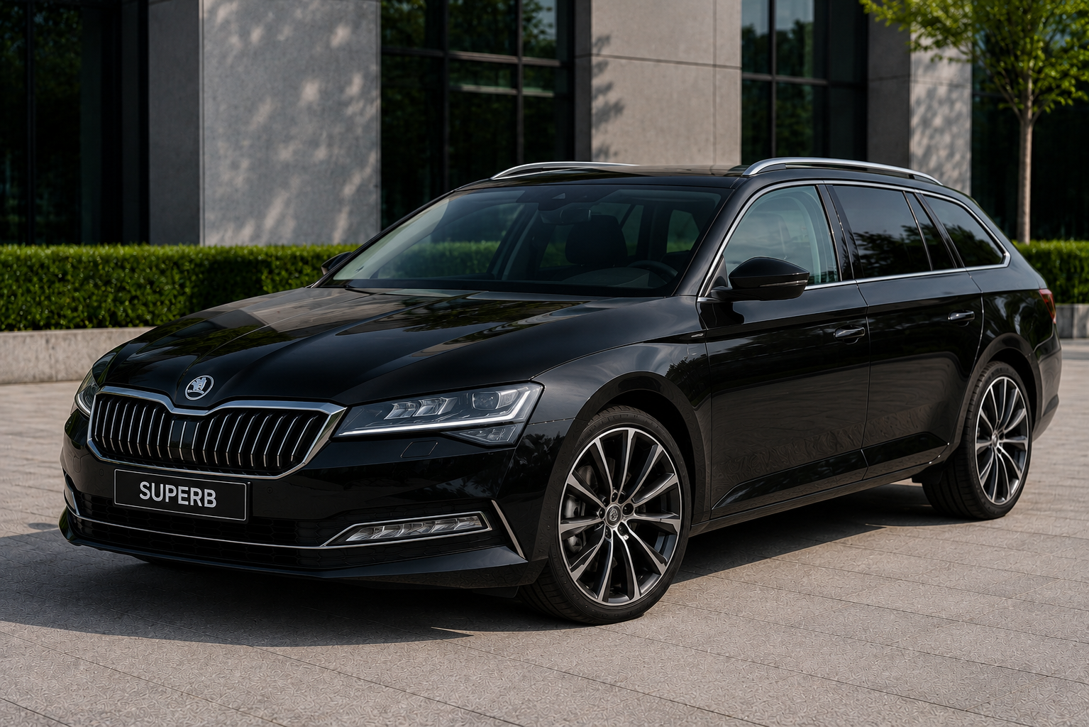 Black Škoda Superb Combi chauffeur vehicle for airport transfers and executive transportation in Switzerland